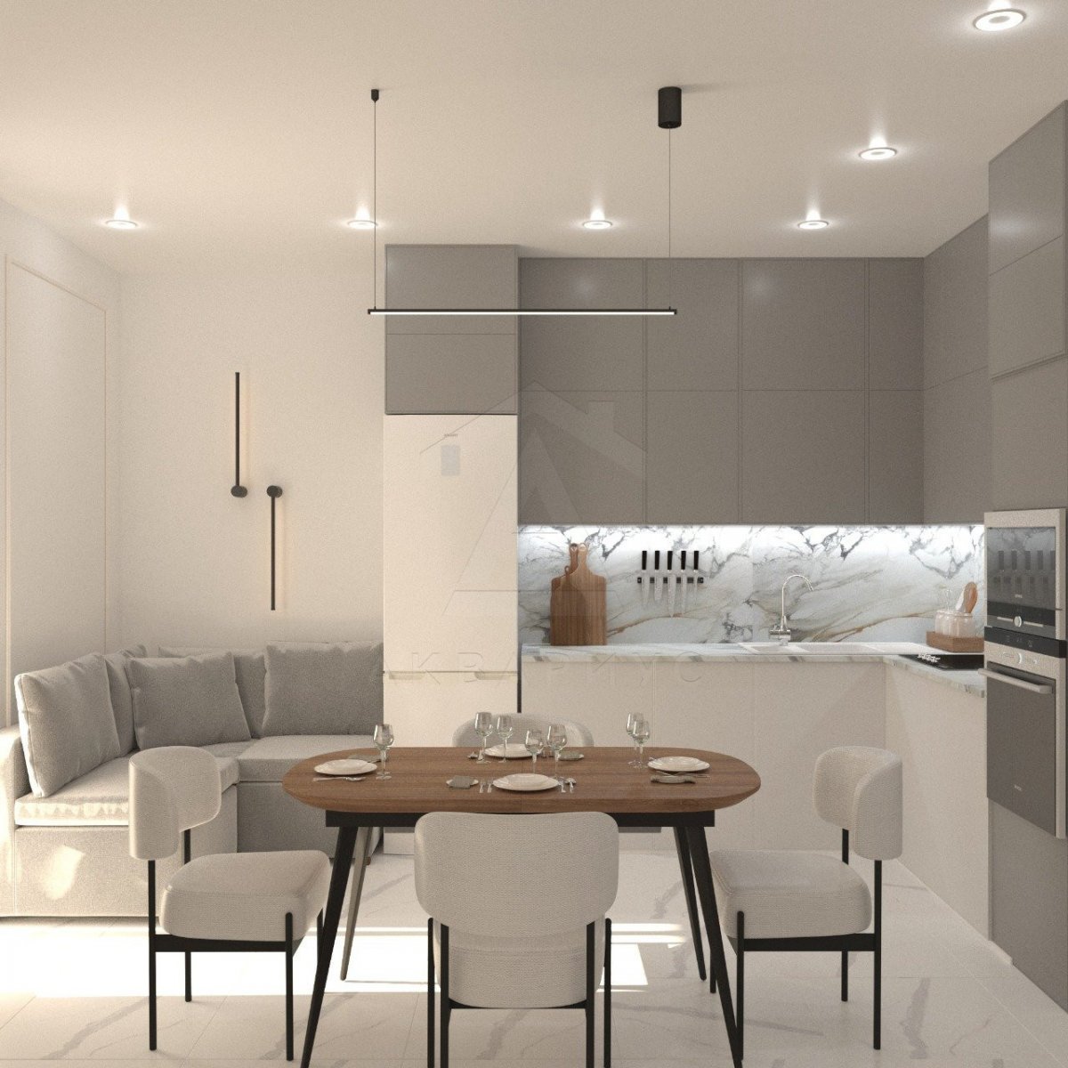 Дизайн трехкомнатной квартиры 89 м2. Кухня-гостиная. Краснодар