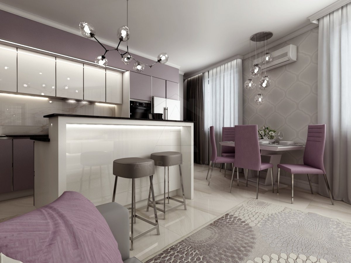 Дизайн двухкомнатной квартиры 100 м2. Кухня-гостиная. Краснодар